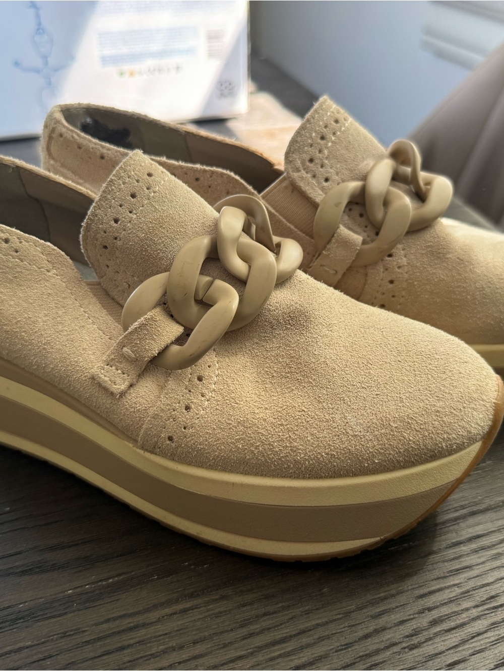 Dolce Vita Womens Beige Suede Platform Loafers with Chain Accent